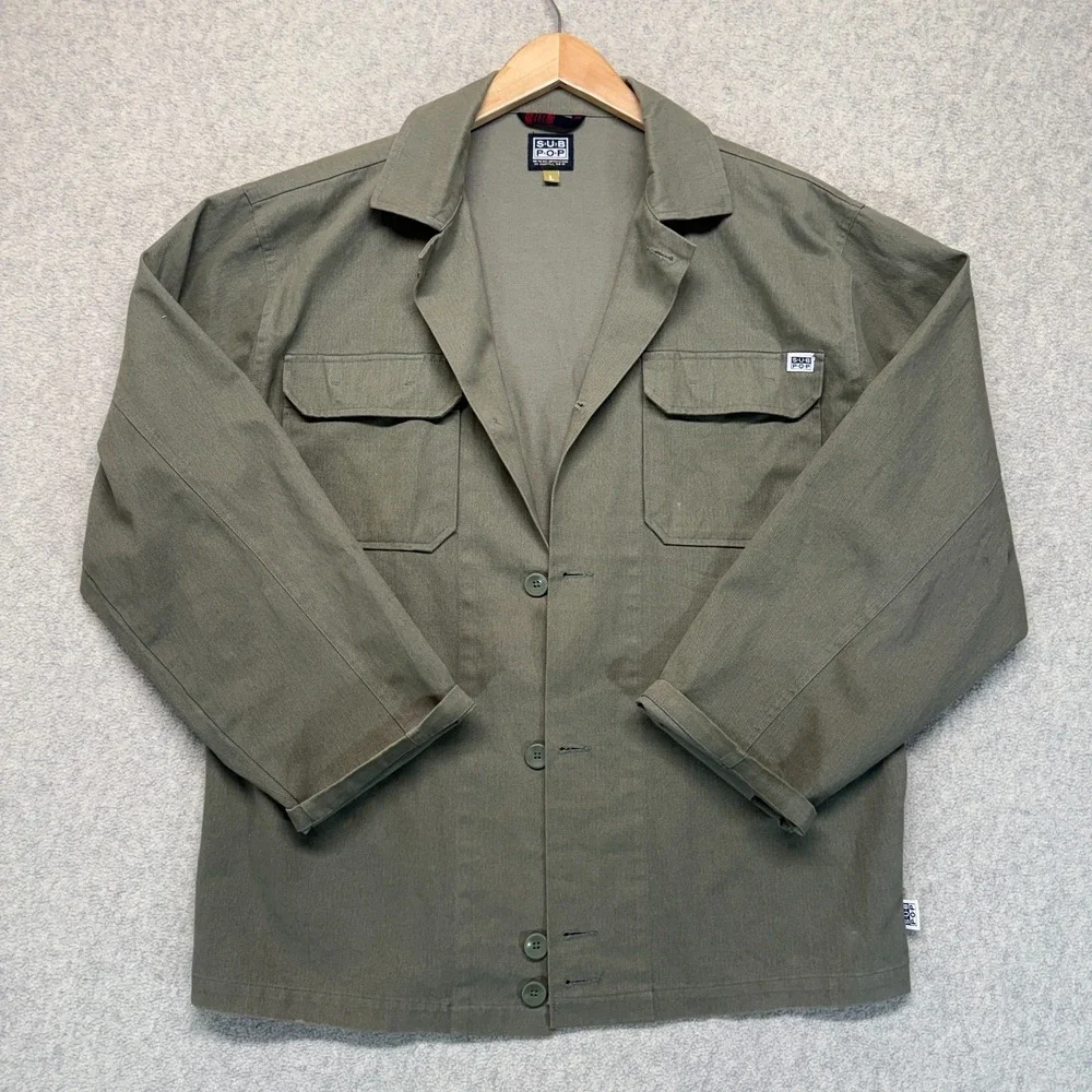 Vintage Sub Pop Records Mens Chore Jacket Olive Green Utility Workwear Size L - Picture 5 of 16
